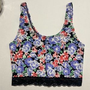 *FOREVER 21* Purple/Pink Floral Crop Slim with black Lace Tank Top - Size S